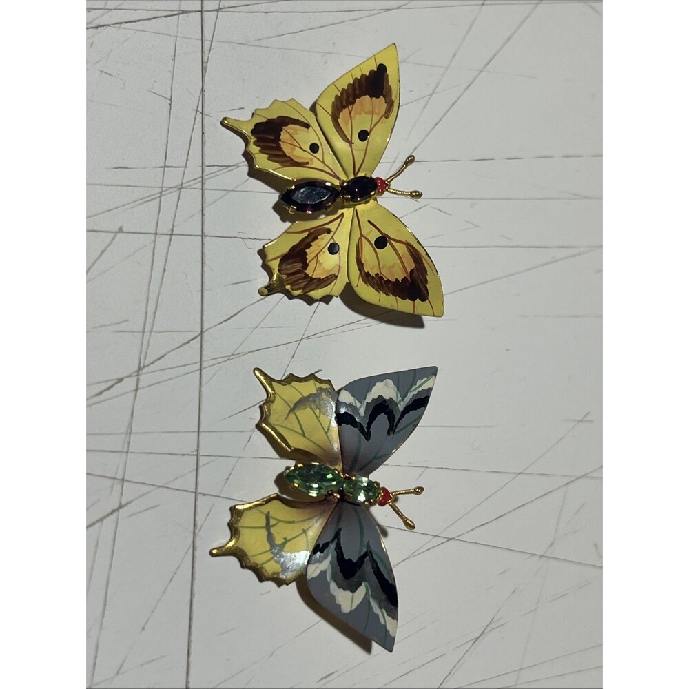 Vintage BUTTERFLY Yellow Enamel Purple Rhinestone BROOCH Lot Of 2 Czechoslovakia